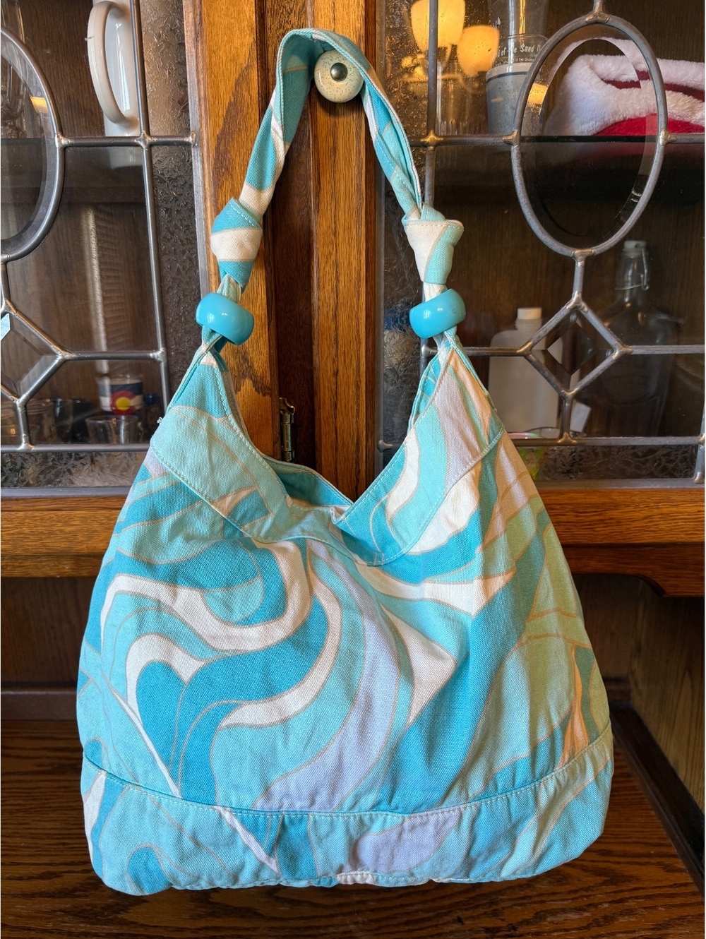 Vintage Y2K Mossimo Target Blue Abstract Print Canvas Hobo Bag Beaded Straps